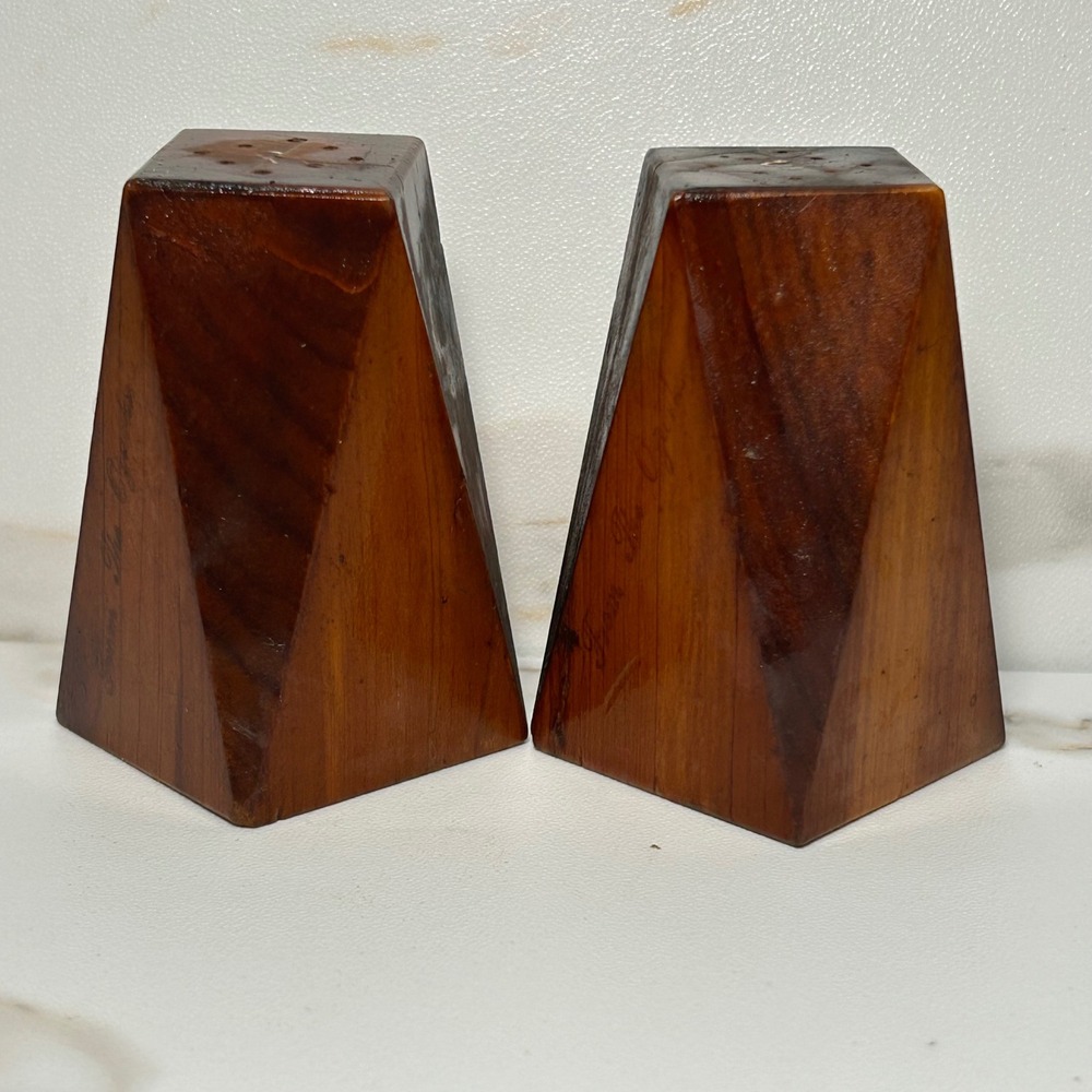 Vintage Ozarks Geometric Wood Salt and Pepper Shakers Faceted Mid Century Modern